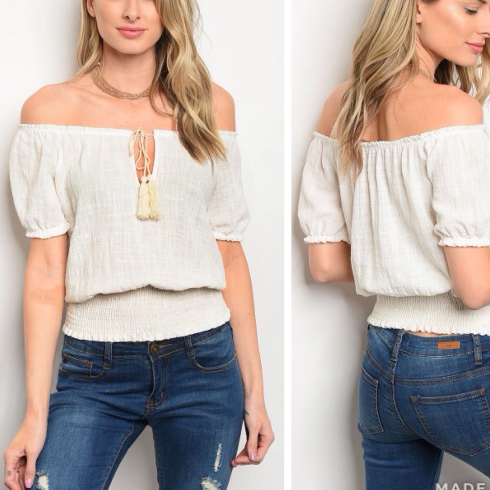 100% Cotton Off shoulder tassel tie blouse - Picture 2 of 6